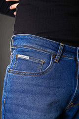 Side angle blue jeans waistband 