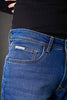 Side angle blue jeans waistband 