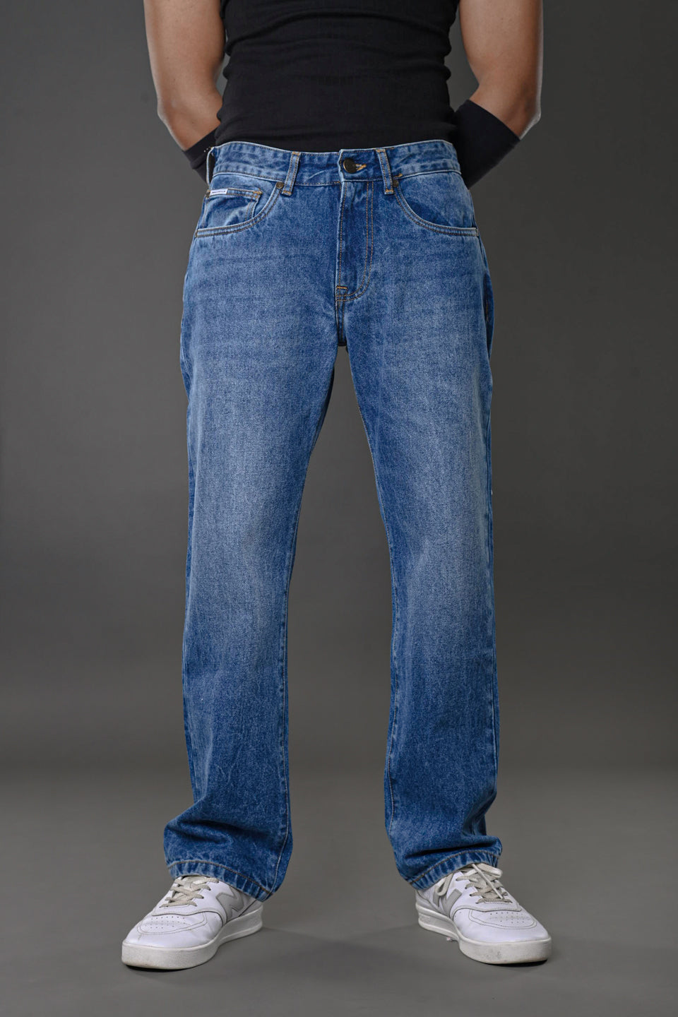 Underrated Club men's blue slim fit jeans front view model white sneakers streetwear collage