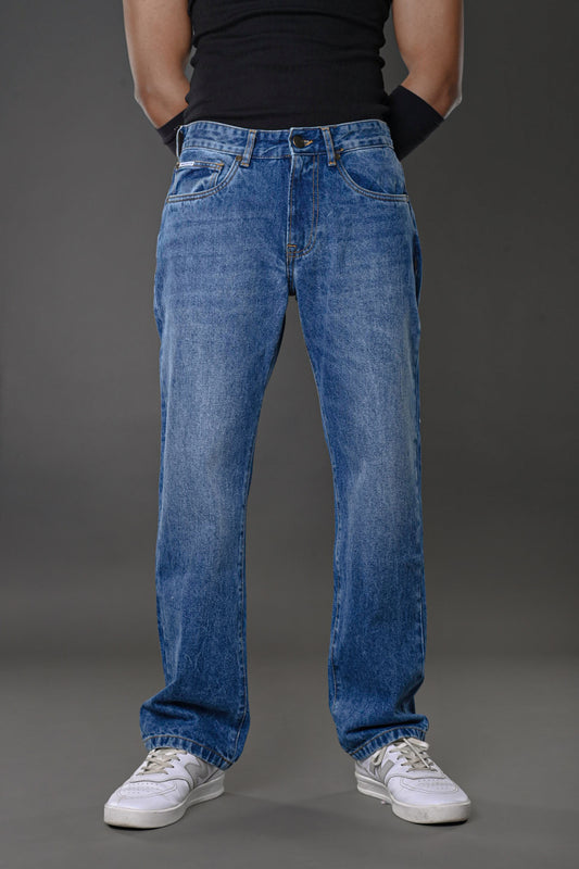 Underrated Club men's blue slim fit jeans front view model white sneakers streetwear collage