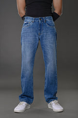 Underrated Club men's blue slim fit jeans front view model white sneakers streetwear collage