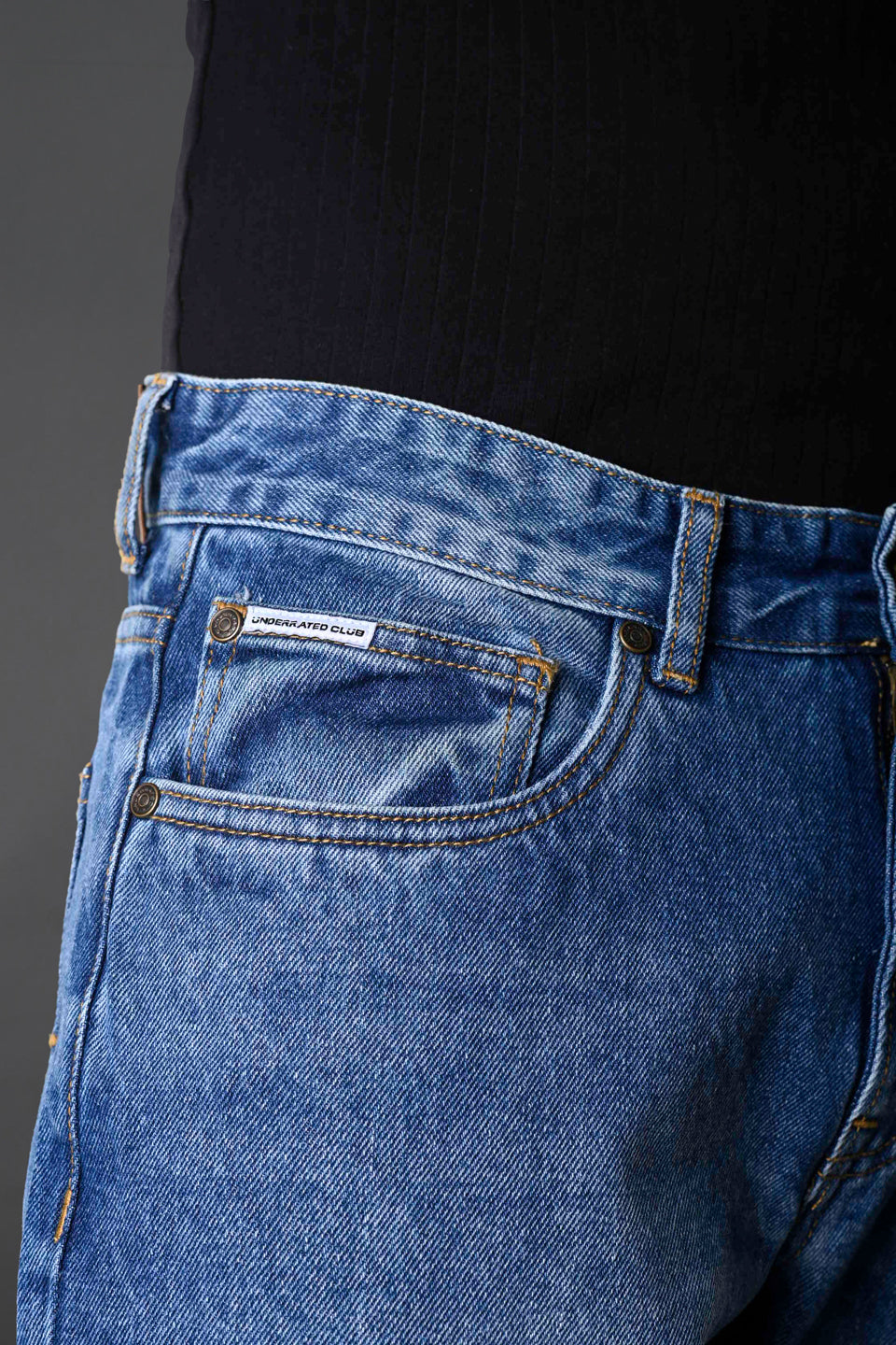 Blue denim jeans multiple angles product shots back pocket label detail e-commerce gallery