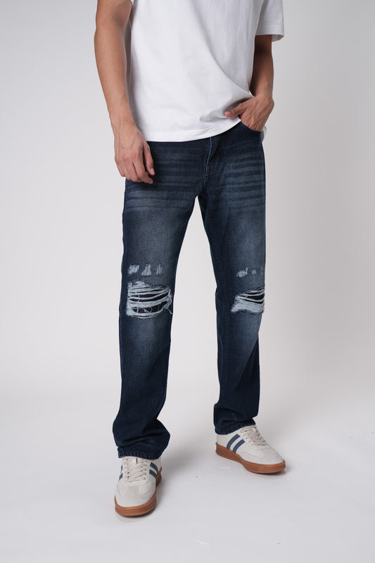 Dark Ink Blue Distressed Men's Baggy Jeans