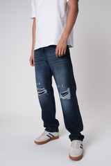 Dark Ink Blue Distressed Men's Baggy Jeans