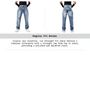 Product image showing front and back views of light wash Regular Fit Denims, with a description: 
