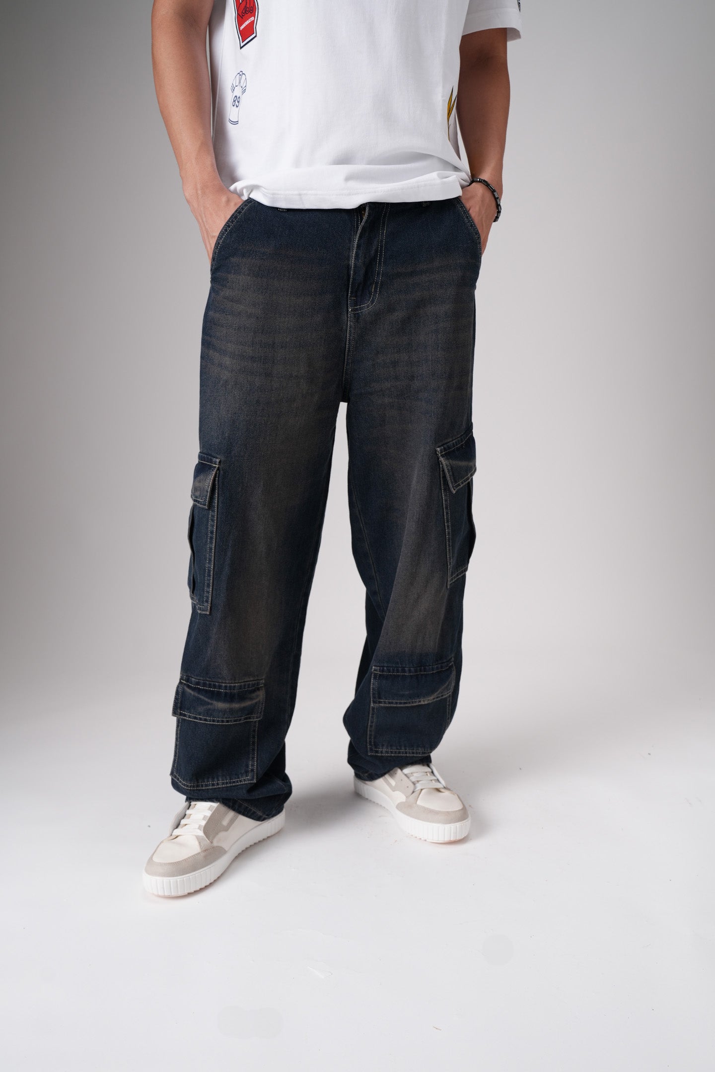 Rusty Blue Baggy Cargo Jeans For Men