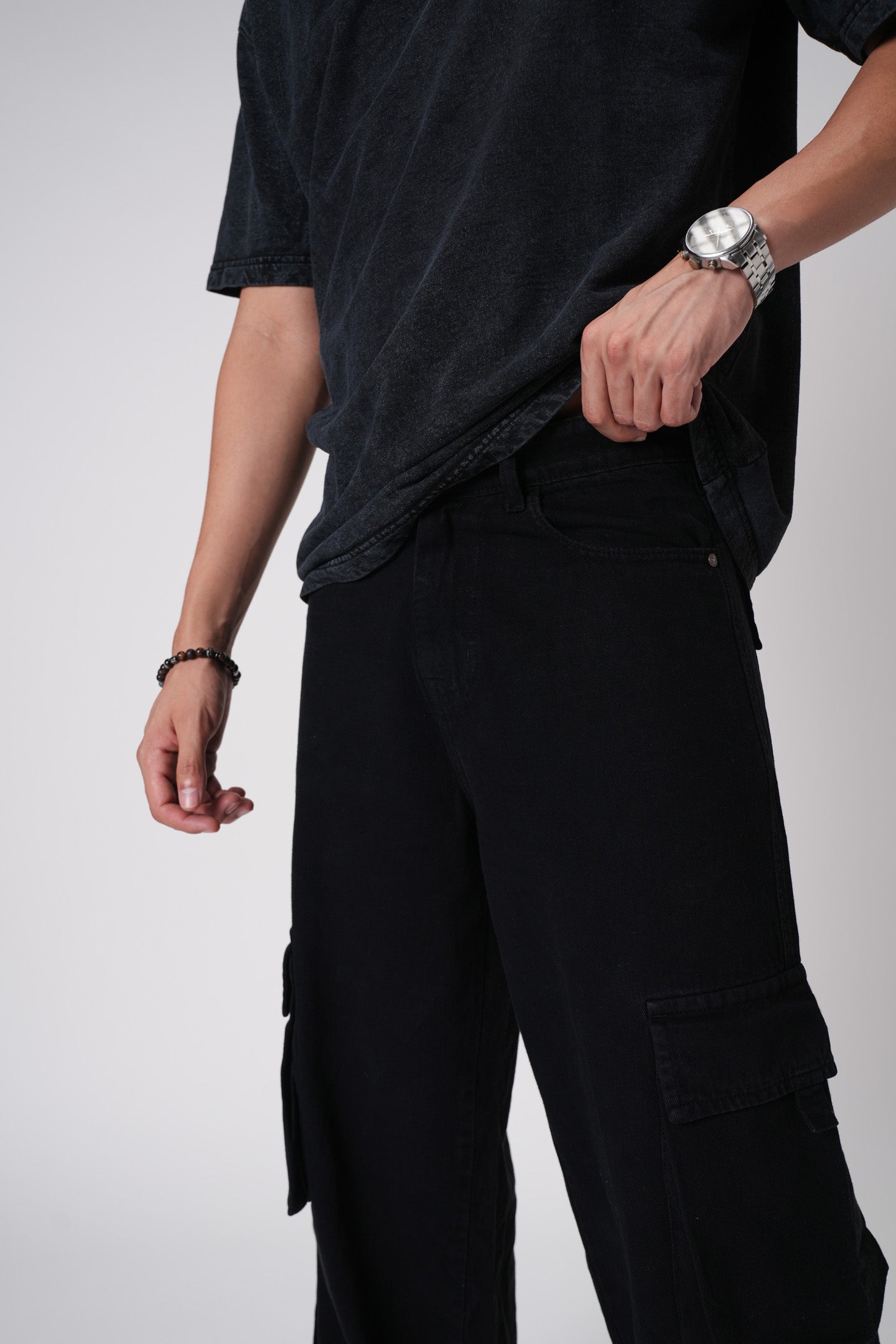 Deep Jet Black Men's Baggy Cargo jeans