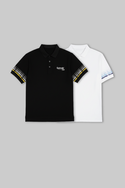 Flat lay of two solid polo t-shirts in black with yellow accents and white with blue accents.