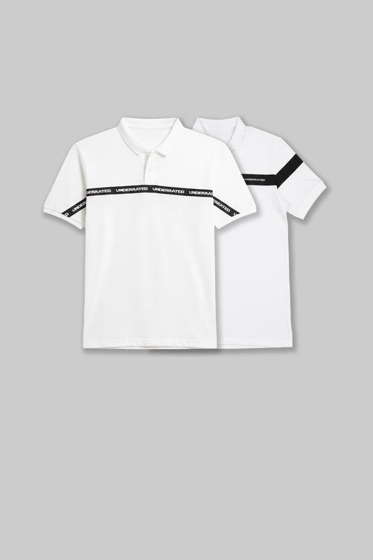 Flat lay of two white polo shirts, one with a black horizontal chest stripe and another with a navy blue stripe.