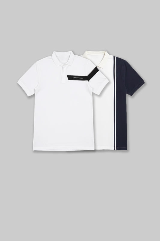 Flat lay of two white polo shirts featuring different black graphic horizontal stripe patterns across the chest.