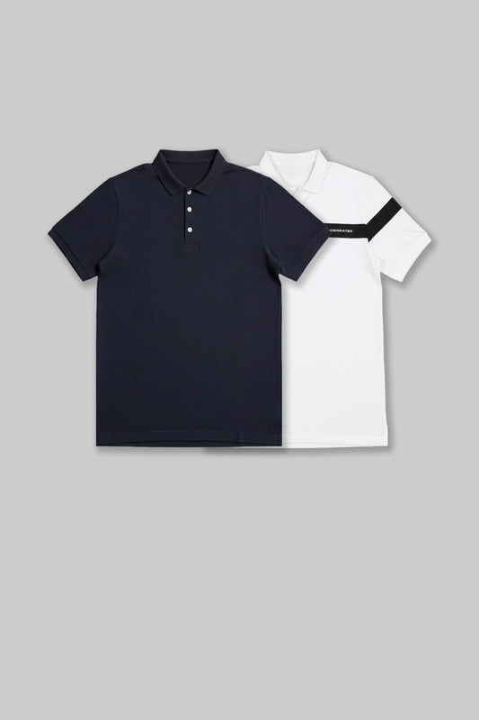 Flat lay of two folded polo shirts in navy blue and white, each featuring a single horizontal chest stripe.