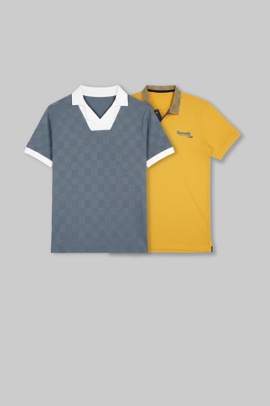 Flat lay of two folded polo shirts in slate blue and yellow, each featuring white collars and trim.