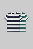 Flat lay of two striped polo t-shirts in navy blue and forest green with white collars and horizontal stripes.