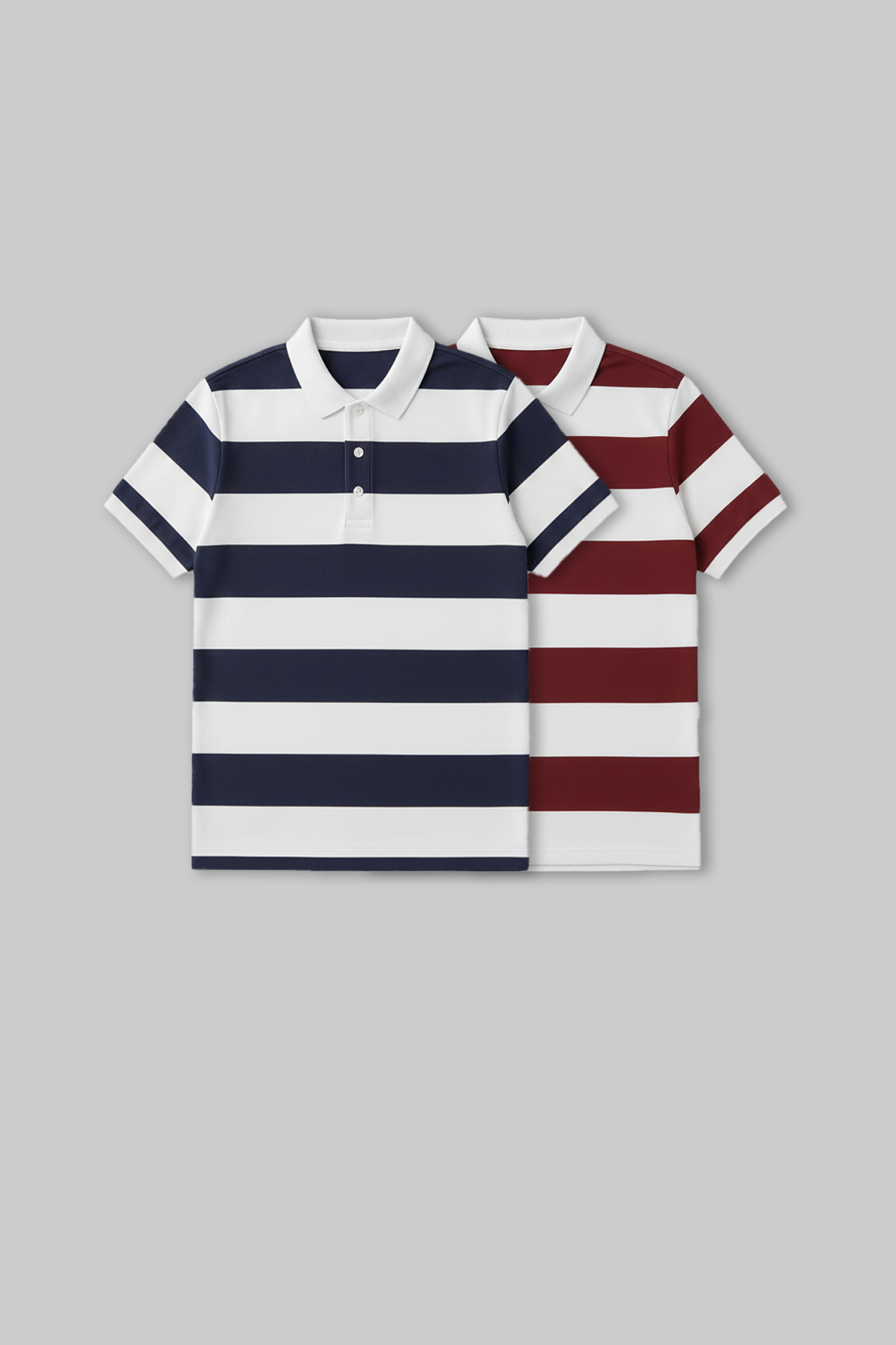 Flat lay of two striped polo t-shirts in navy blue and maroon with white collars and horizontal stripes.