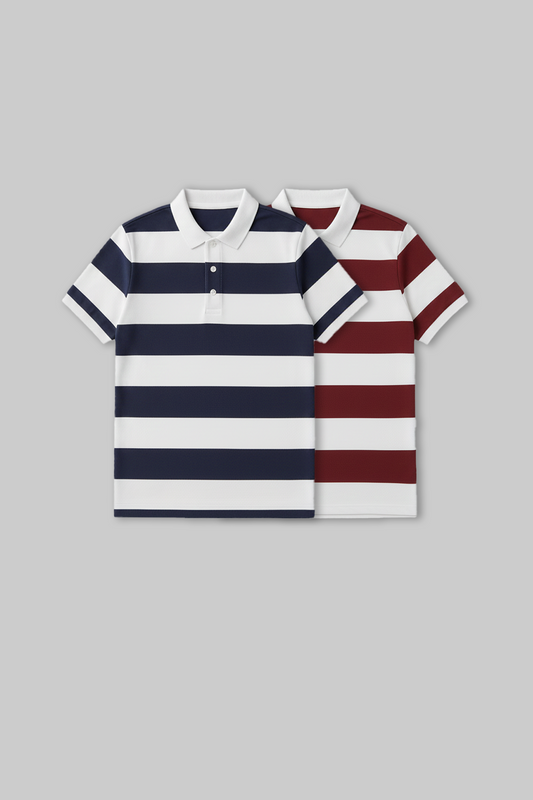 Flat lay of two striped polo t-shirts in navy blue and maroon with white collars and horizontal stripes.