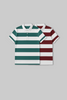 Flat lay of two striped polo t-shirts in forest green and maroon with white collars and horizontal stripes.
