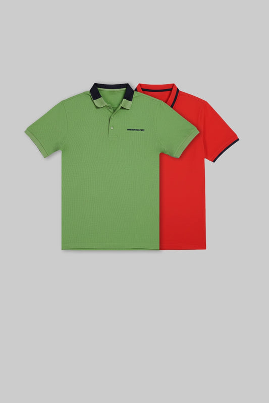 Flat lay of two polo shirts in lime green and bright red with dark contrasting collars.