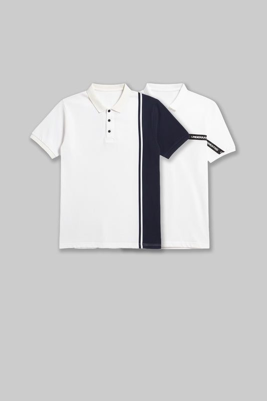 Flat lay of two white polo shirts, one with a vertical navy panel and the other with a horizontal chest stripe.
