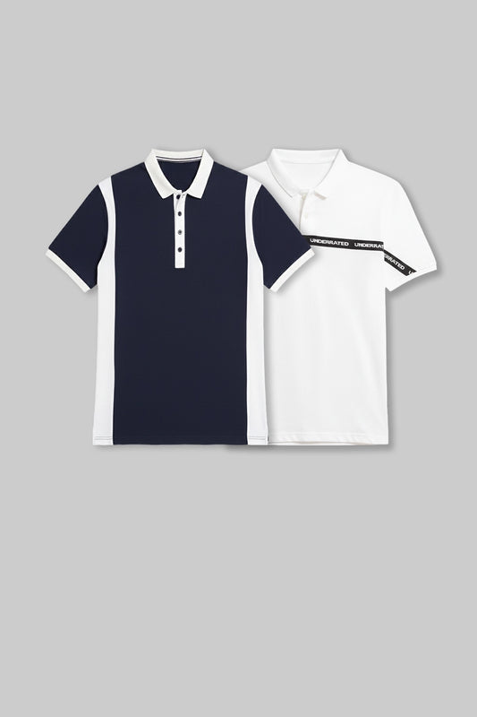 Flat lay of two polo shirts in navy blue and white, each featuring a diagonal contrasting chest panel.