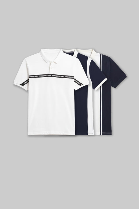 Flat lay of two folded polo shirts in white and navy blue, featuring a bold navy blue chest stripe design.