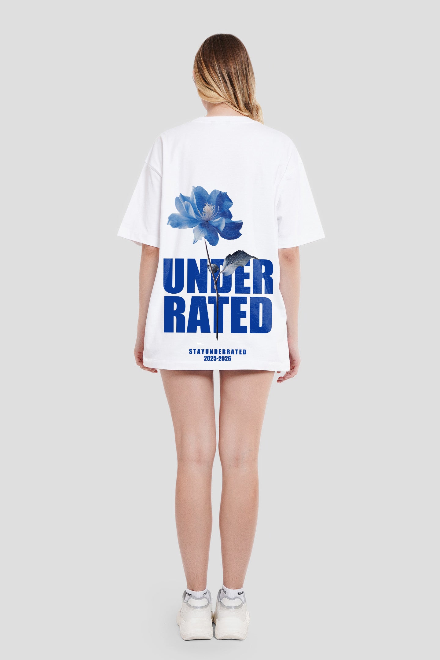 Blue Bloom Flower White Oversized Fit T-Shirt Women Pic 2