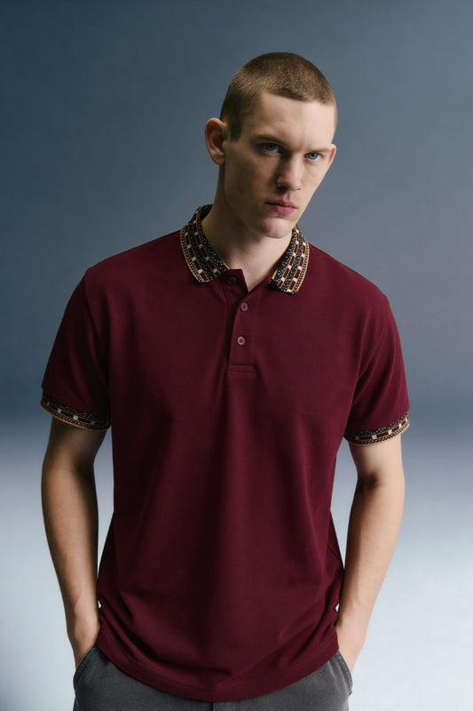 Maroon Patchwork Collar Polo T-Shirt