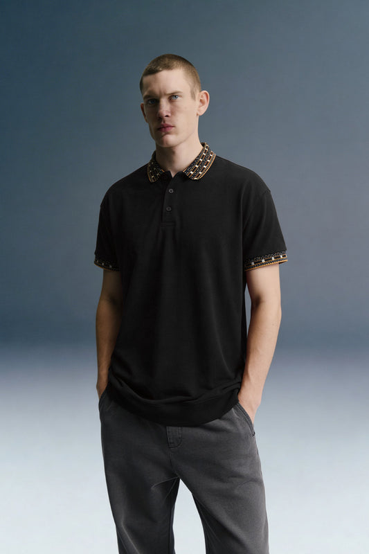 Black Patchwork Collar Polo T-Shirt