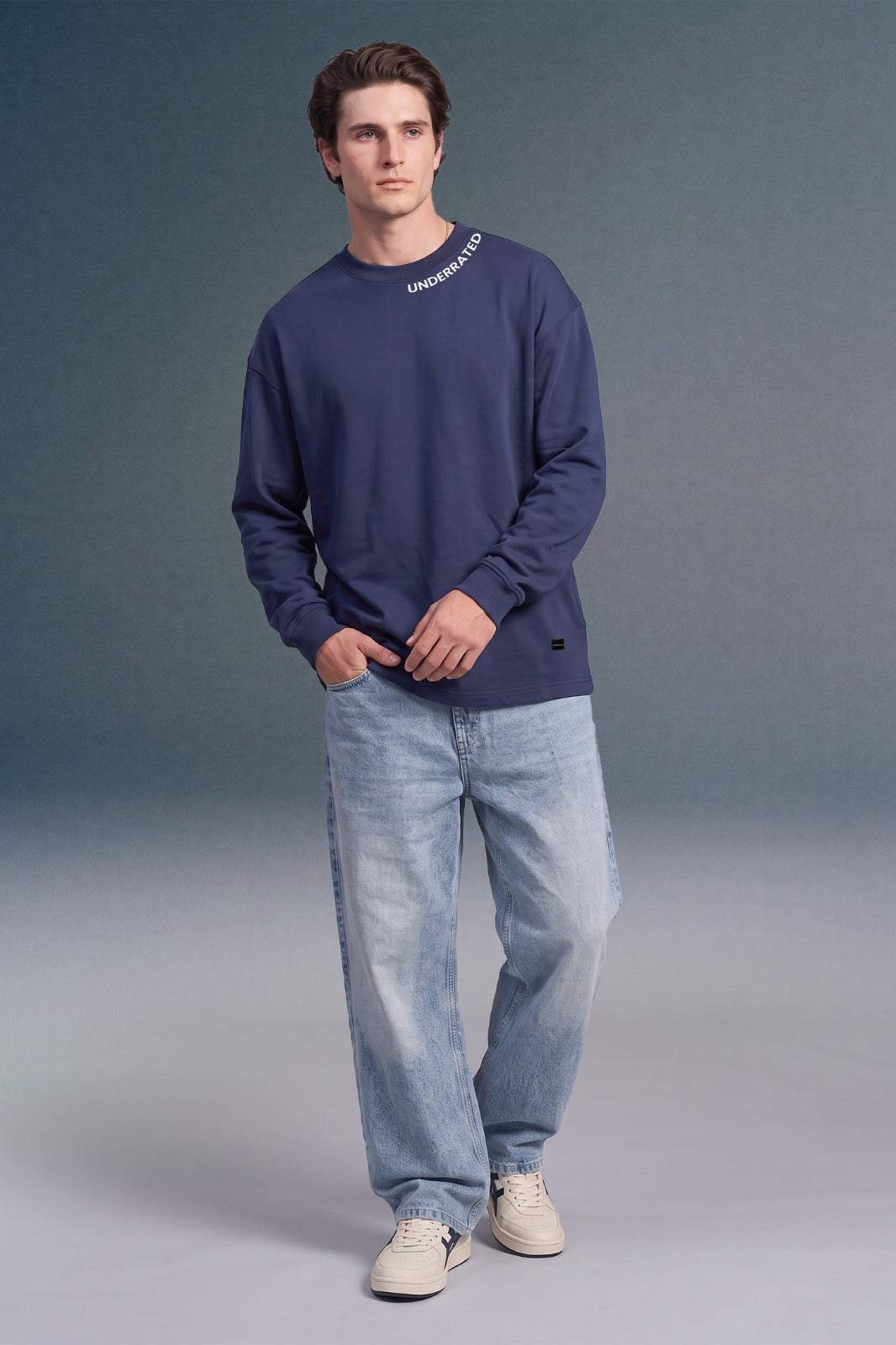 Underrated Curve Navy Blue Full Sleeves Oversized T-shirt