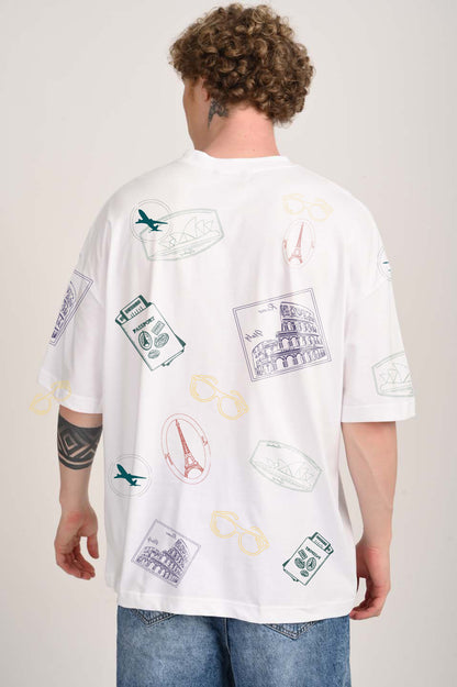 Discover the World White Baggy Fit T-Shirt Men Pic 1