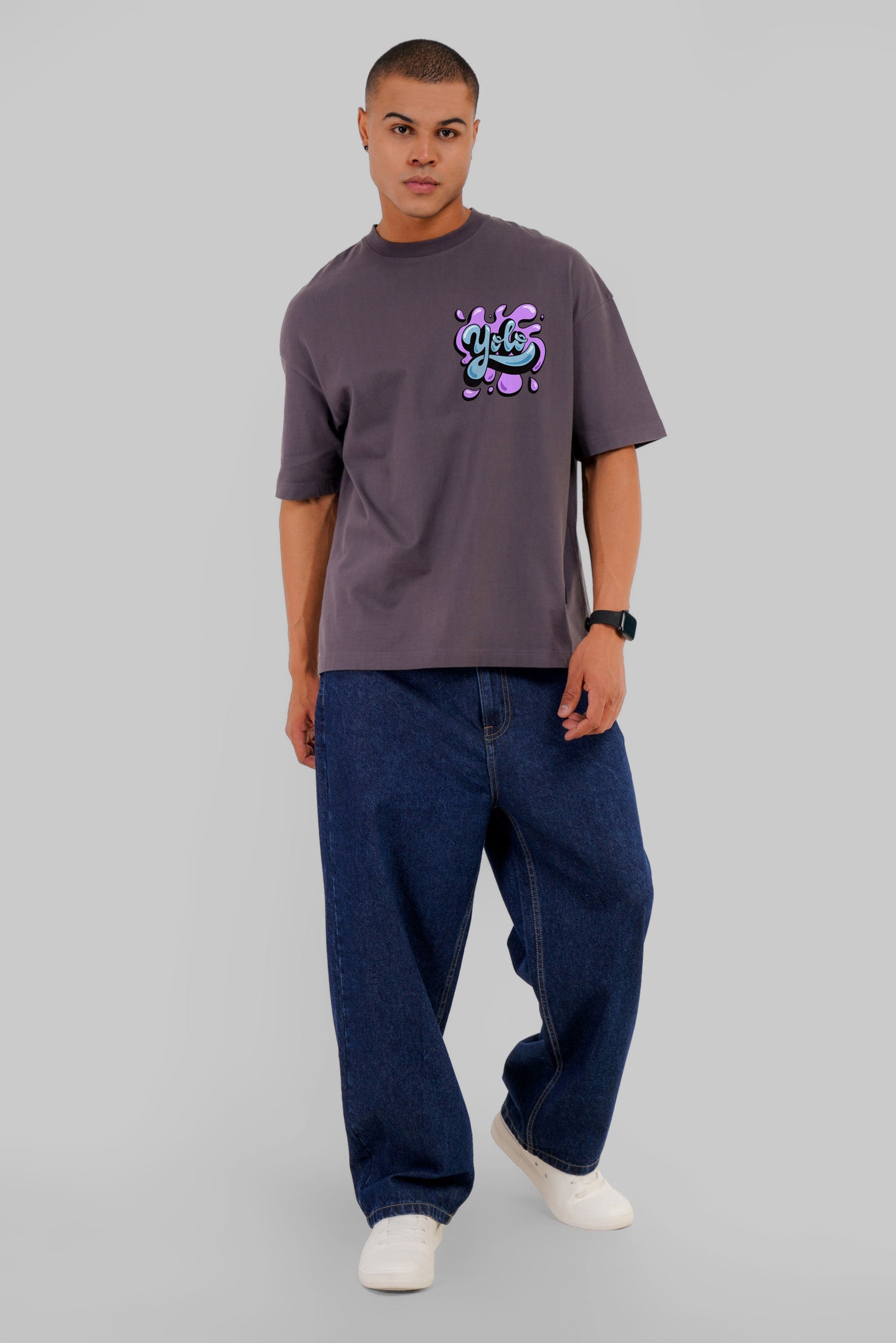 Yolo Dark Grey Baggy Fit T-Shirt Men