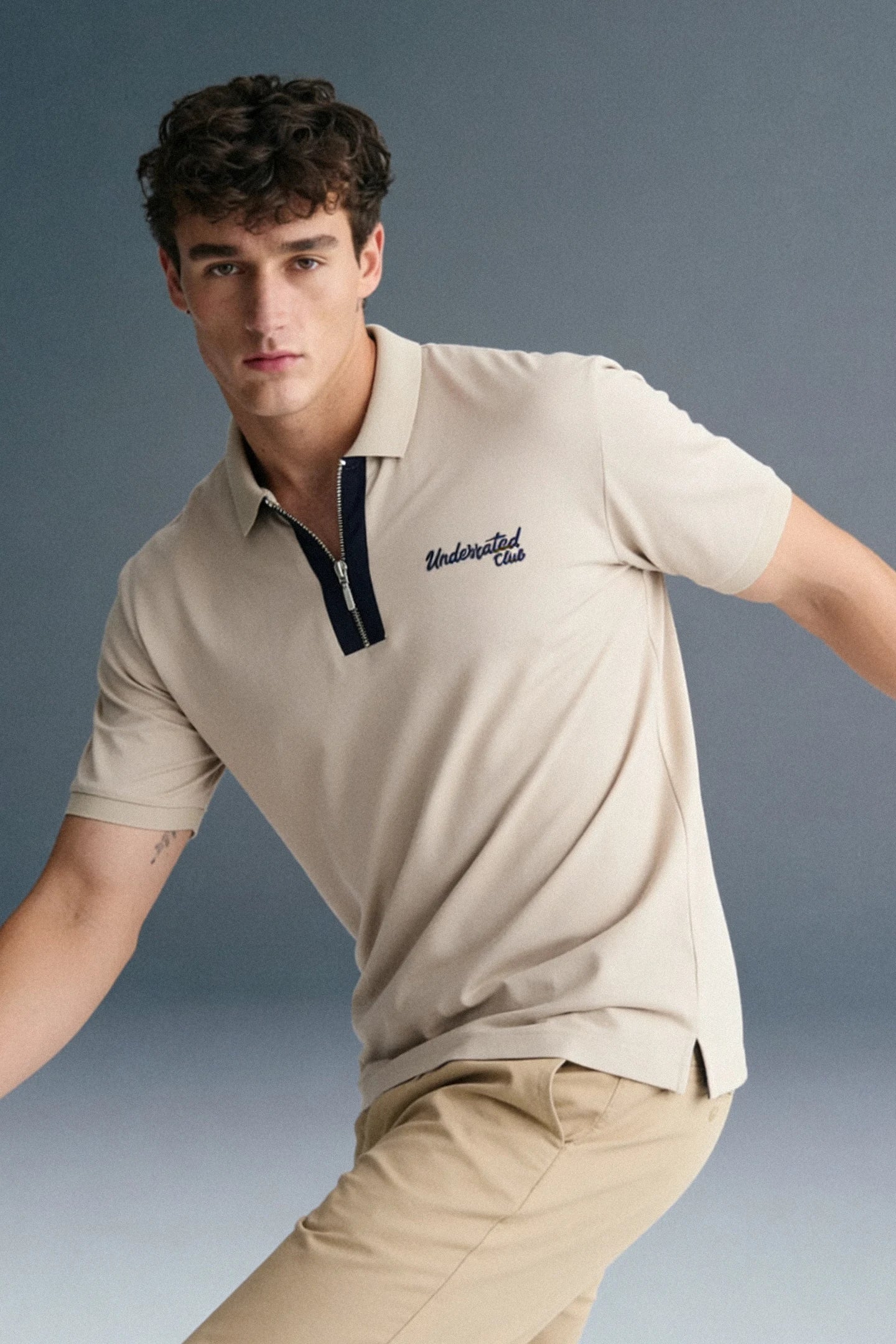 Beige Contrast Zipper Placket Polo T-Shirt