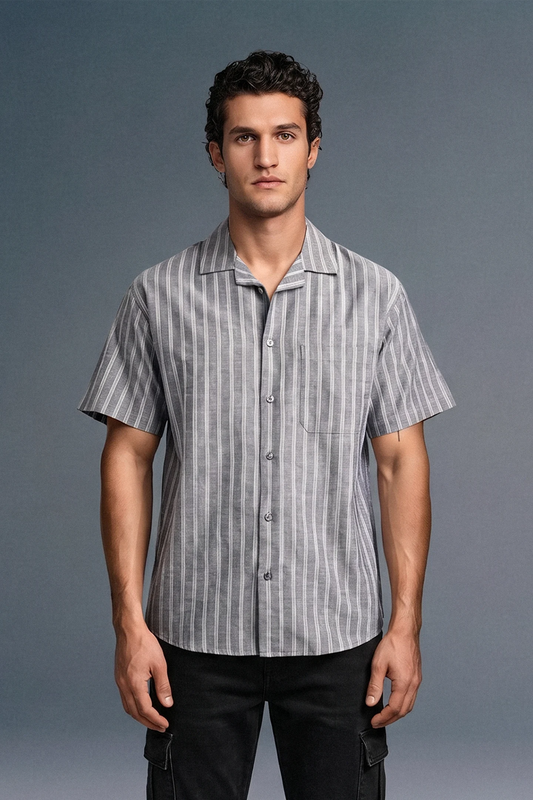 Grey Striped Cuban Collar Shirt