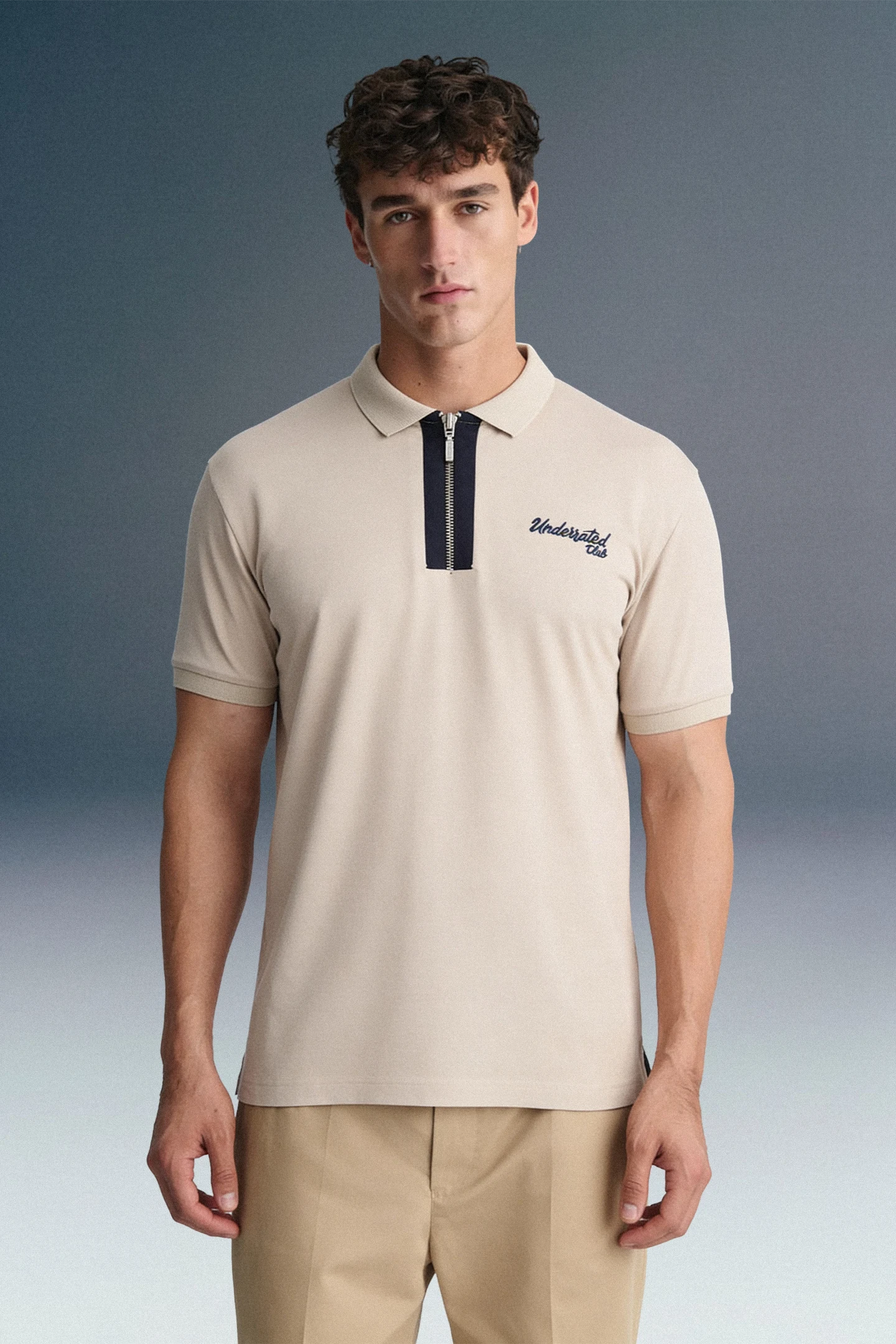 Beige Contrast Zipper Placket Polo T-Shirt