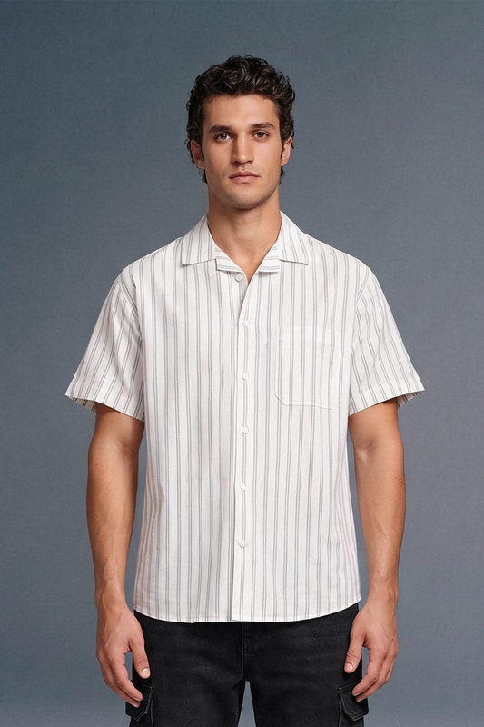 White Striped Cuban Collar Shirt