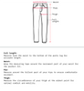 Diagram illustrating how to measure jeans for size, showing the location of the Waist, Hips, Thigh, and Full Length, with text descriptions for each measurement.