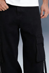Detail Shot of Black Cargo Pants Fabric and Pocket Design