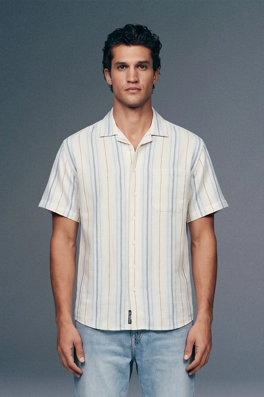 Blue Striped Textured Cuban Collar Shirt