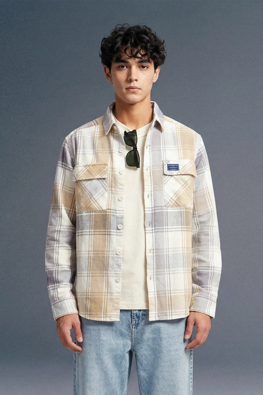 Beige Plaid Check Shacket