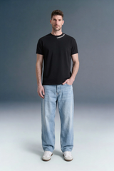 Full Body Front View of Black Oversized T-Shirt and Baggy Denim Jeans