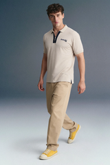 Beige Contrast Zipper Placket Polo T-Shirt