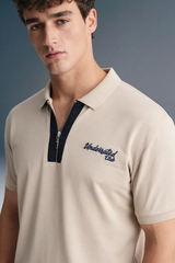 Beige Contrast Zipper Placket Polo T-Shirt