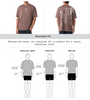Front and back view of brown oversized t-shirt with cosmic back graphics and a fit comparison diagram.