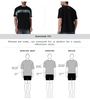 Front and back view of a black oversized t-shirt with a grey horizontal graphic and a fit comparison diagram.