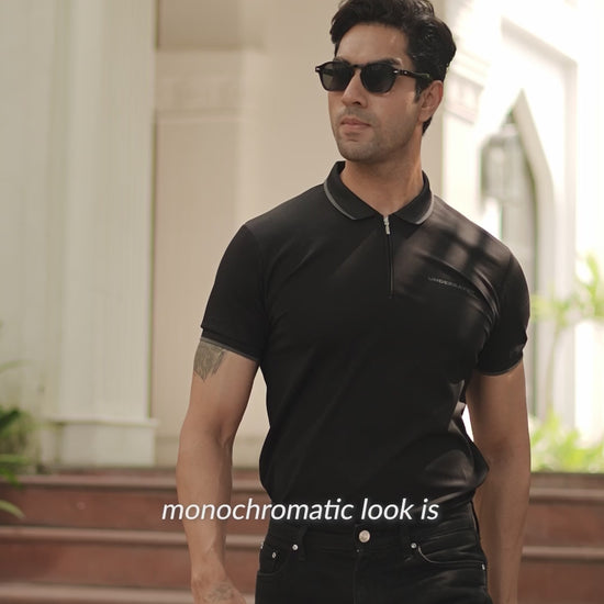 Black Zipper Placket Polo T-Shirt