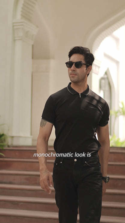 Black Zipper Placket Polo T-Shirt