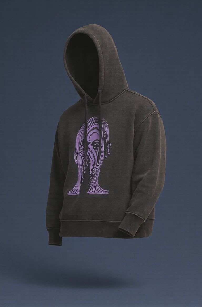 Black hoodie with artistic distorted face graphic in purple trendy streetwear design for men.