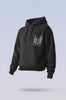 Black pullover hoodie with drawstrings and a subtle dark text print on the chest.