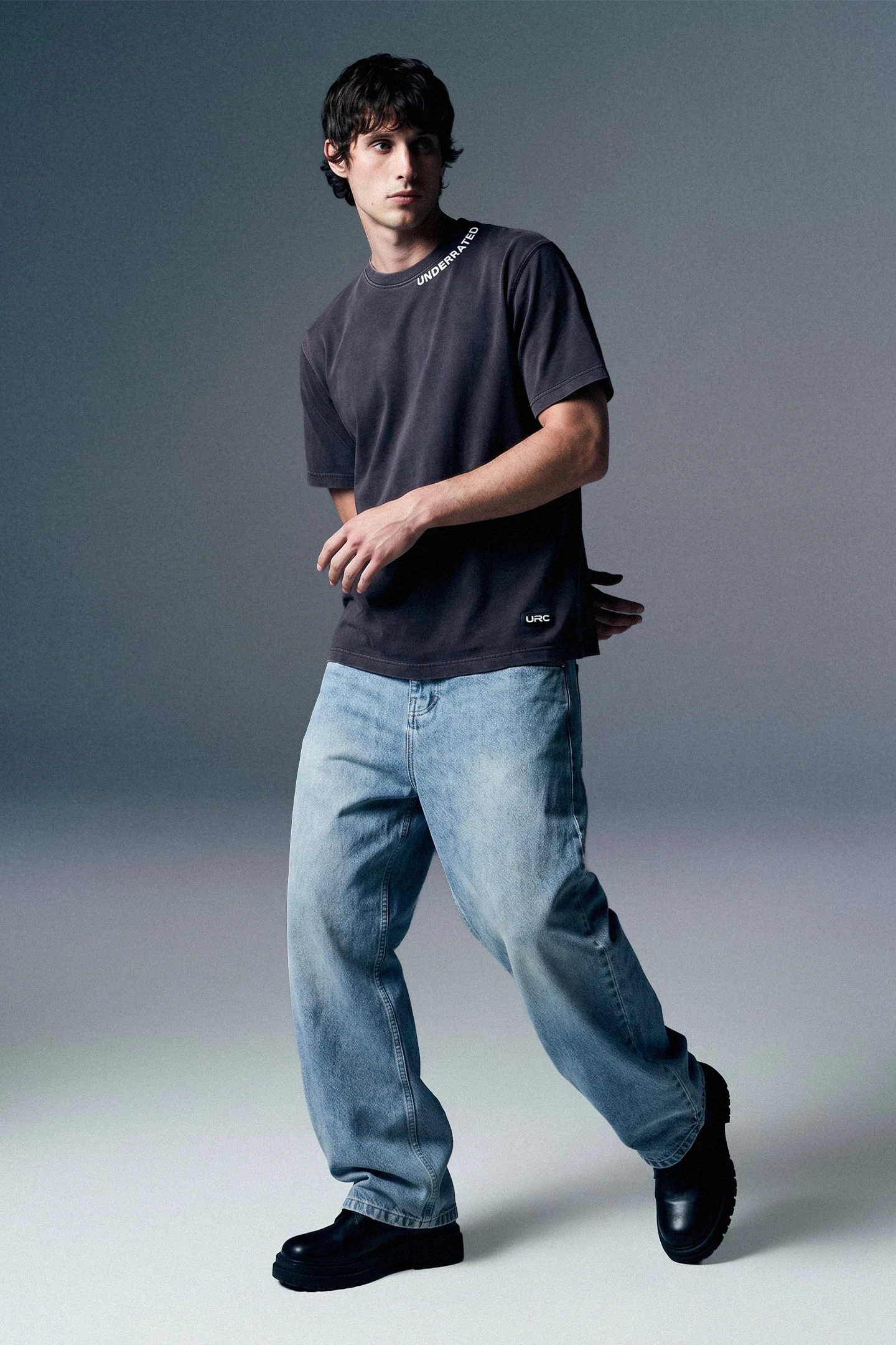 Underrated Curve Acid Washed Navy Regular Fit T-shirt