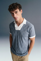 Blue Grey Textured Polo T-Shirt
