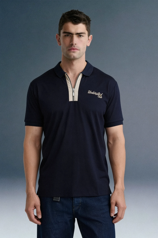 Navy Contrast Zipper Placket Polo T-Shirt